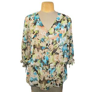 Bellefleur Floral V-Neck Blouse Elastic Waist Tie Sleeve XL Boho Casual‎ Office
